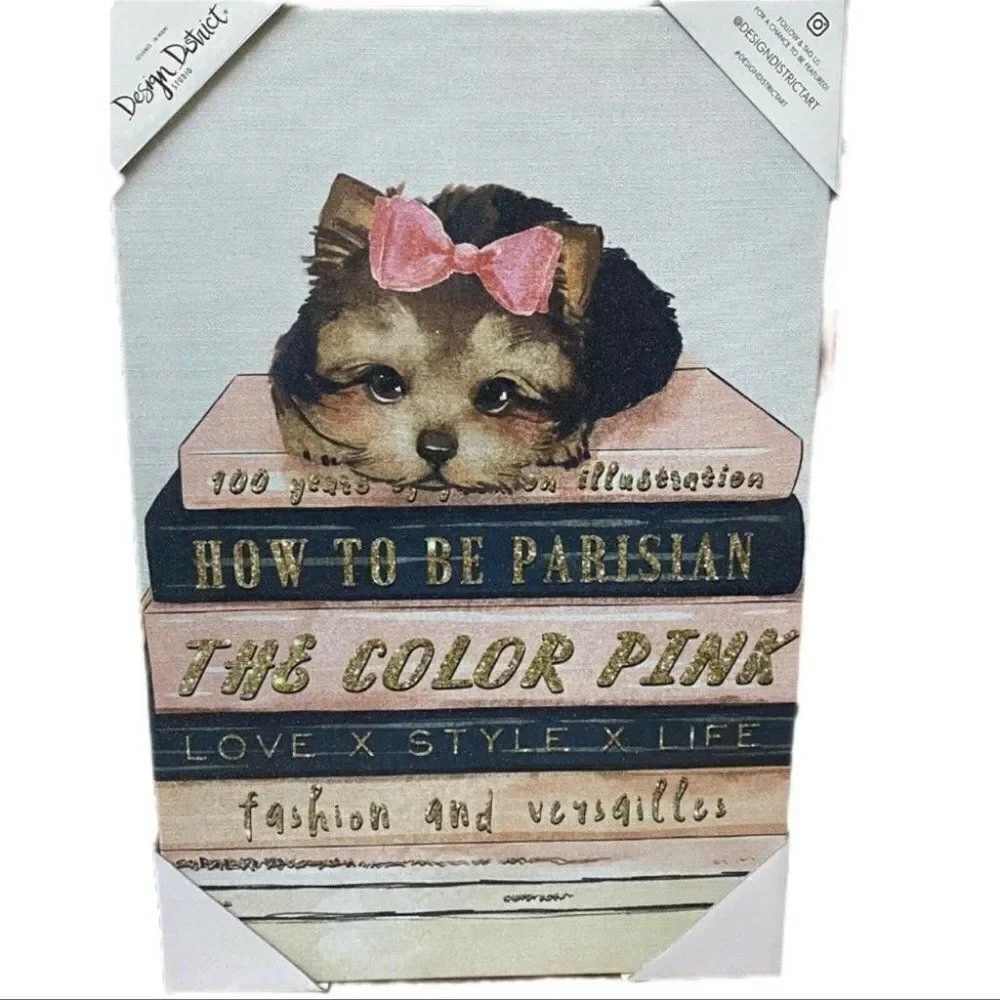 YORKIE Canvas 18”x12” Bow Fashion Pink Wall Art Books Design Decor Dog Frame‎